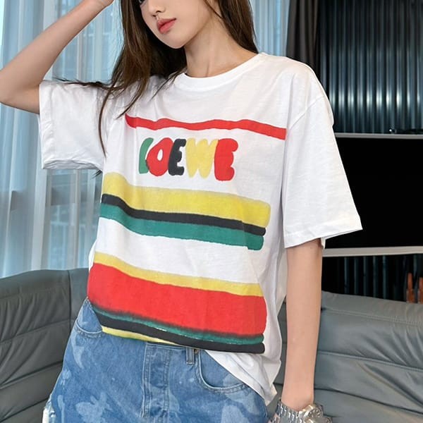 追跡付ロエベ コピー ロゴ ストライプ コットン Tシャツ H616Y22J12